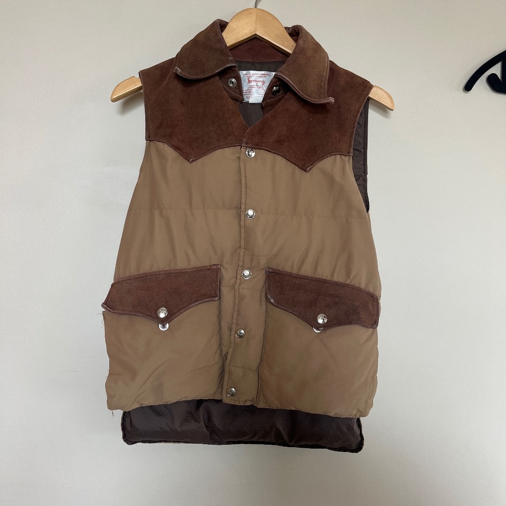 Vintage down and leather puffy western vest brown